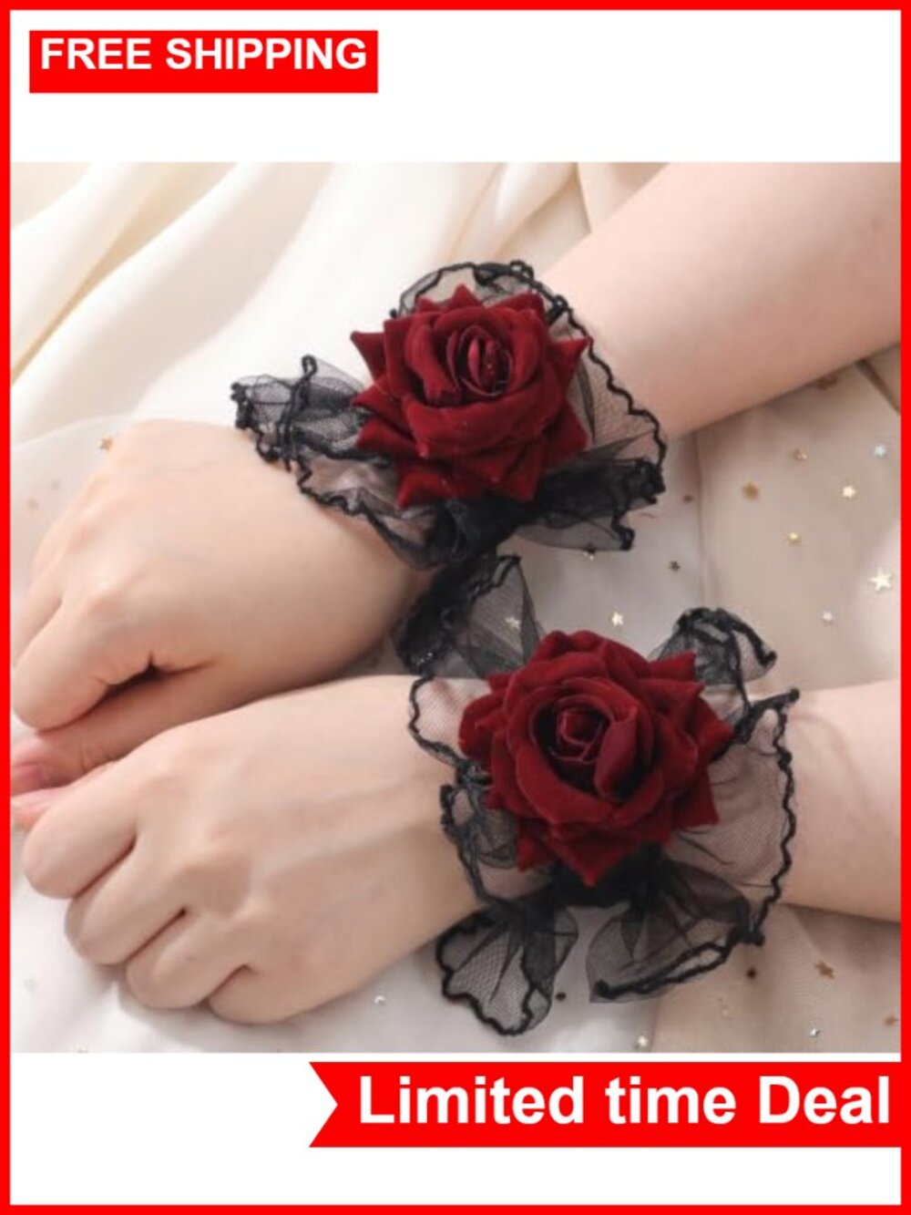 Black Lace Gloves with Red Roses Gothic Wrist Cuff Halloween Accessory - Picture 3 of 6